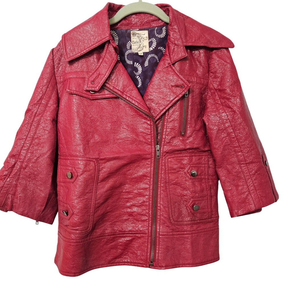 Tulle Red Textured Moto Jacket Asymmetrical Zip 3/4 Sleeve Size M Artsy